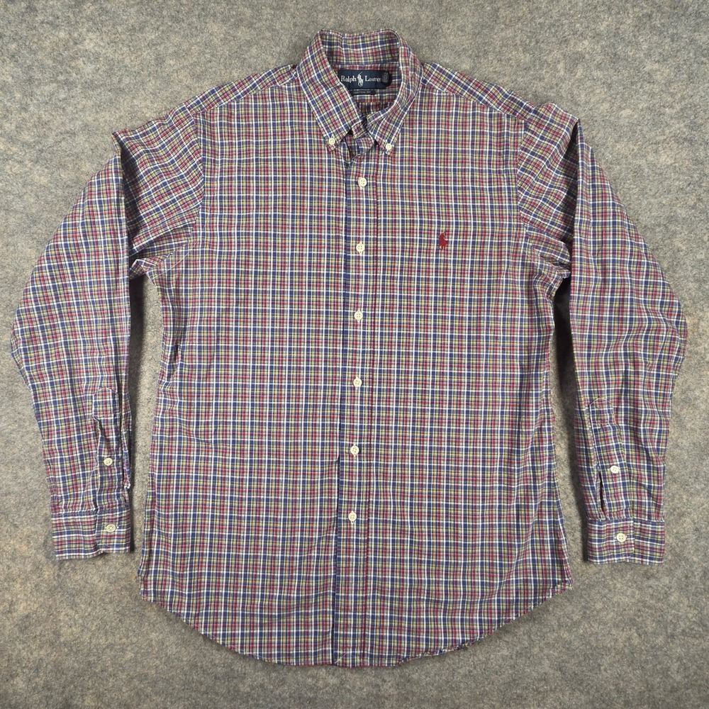 Ralph Lauren Custom Fit Plaid Button Down Shirt Mens Medium Navy Red Yellow